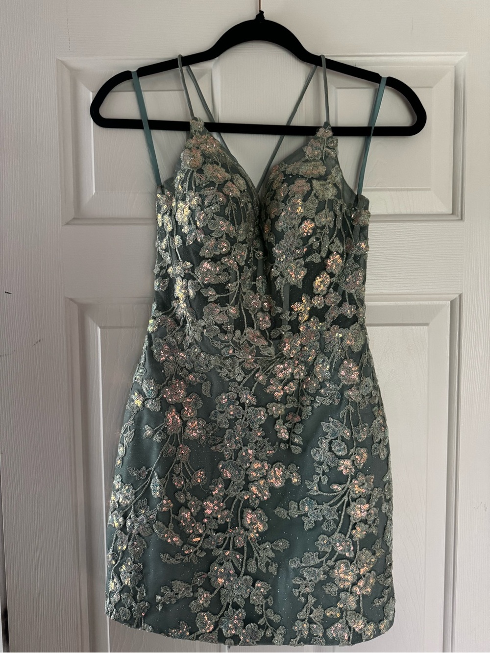 Floral Embroidered Sage Green Spaghetti Strap Dress